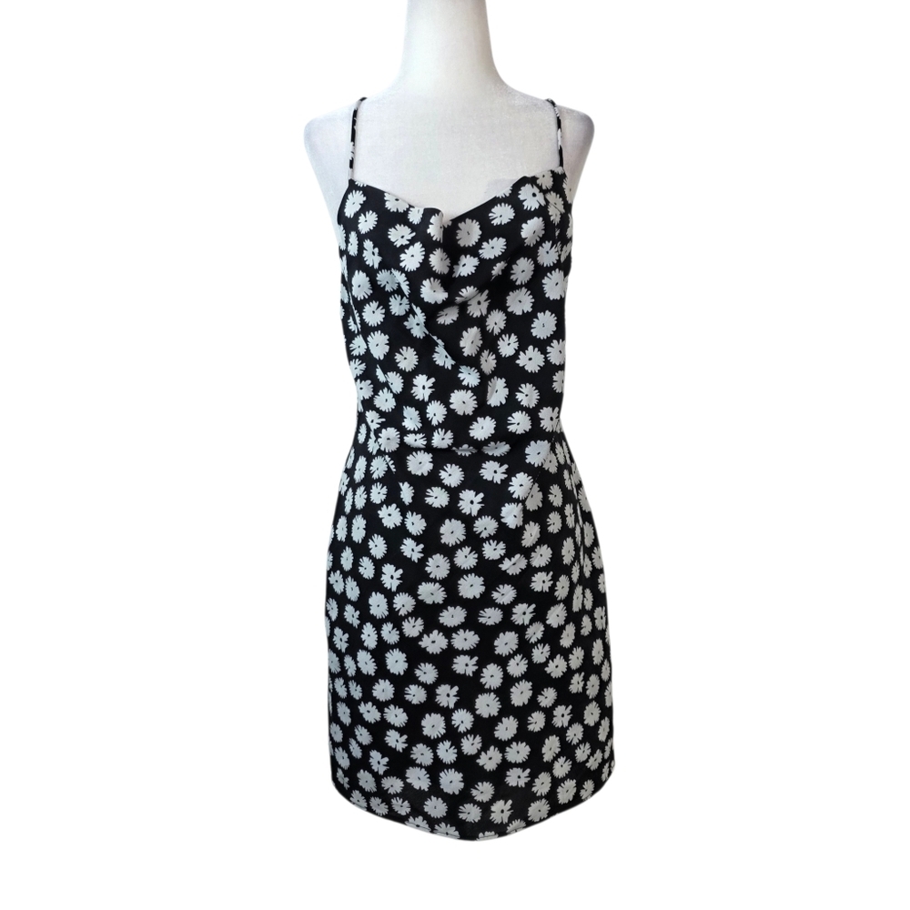 Sabo Skirt Black and White Daisy print criss cross back Mini Dress